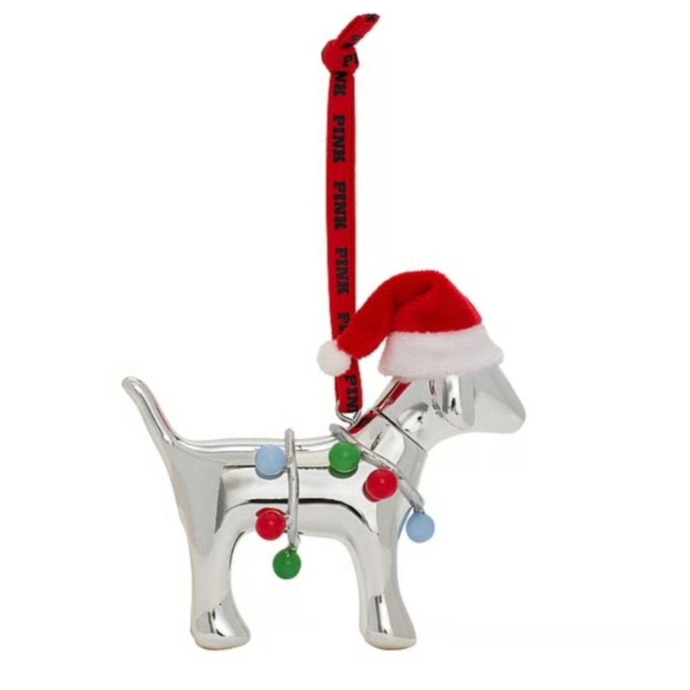 Victoria's Secret Silver Dog Ornament with Red Santa Hat